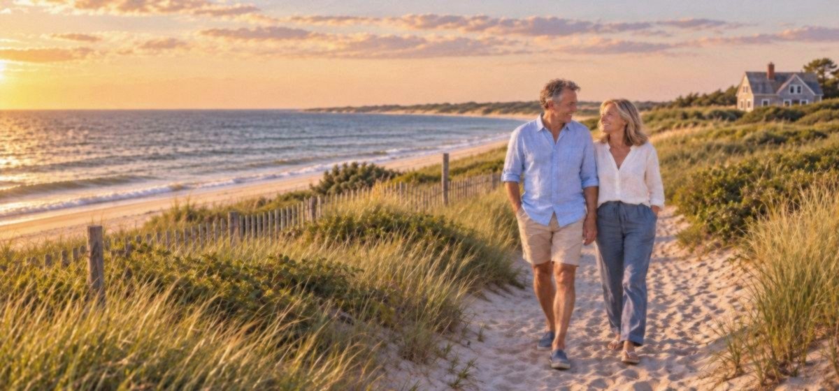 A couple walking a dune path beside a Cape Cod beach at sunset